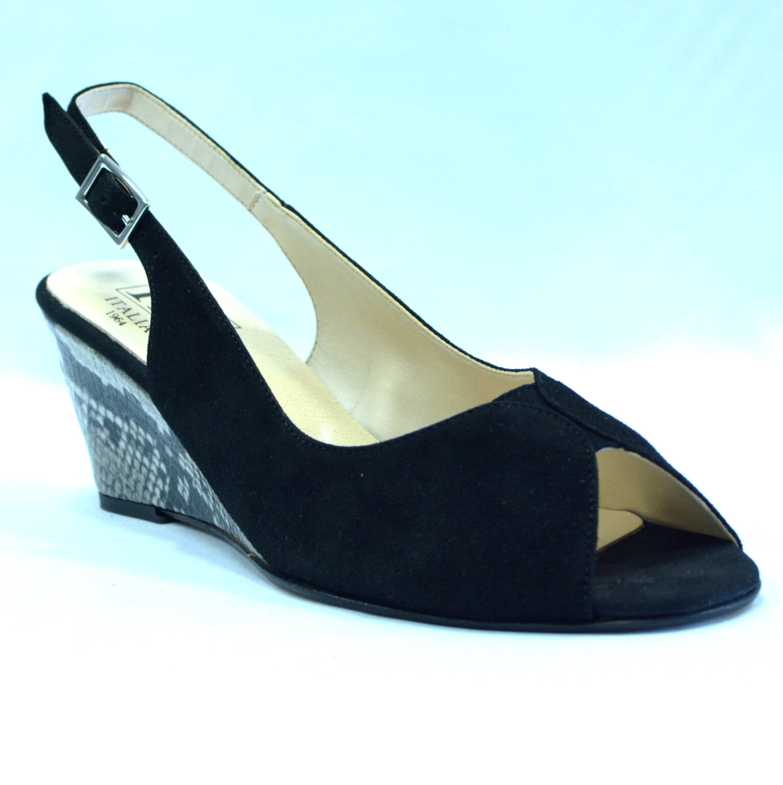 ATTITUDE WEDGE HIGH SLINGBACK 90MM IN BLACK CALFSKIN CANVAS SOLE